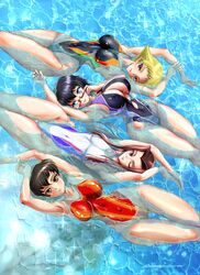  5girls absurdres afloat arm_up arms_up ass_visible_through_thighs black_eyes black_hair black_one-piece_swimsuit blonde_hair breasts brown_eyes brown_hair caesar_(girls_und_panzer) carpaccio_(girls_und_panzer) cleavage_cutout closed_mouth clothing_cutout commentary_request competition_swimsuit covered_navel erwin_(girls_und_panzer) from_above girls_und_panzer highleg highleg_swimsuit highres large_breasts long_hair looking_at_another looking_at_viewer medium_breasts medium_hair multiple_girls no_headband no_headwear no_scarf one-piece_swimsuit one_eye_closed oryou_(girls_und_panzer) pointy_hair red-framed_eyewear red_one-piece_swimsuit saemonza_(girls_und_panzer) semi-rimless_eyewear short_hair side-by-side smile sparkle swimsuit thigh_gap tomokoji under-rim_eyewear water wet when_you_see_it white_one-piece_swimsuit 