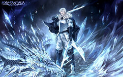  1boy aiden_the_holy_sword armor bad_id bad_pixiv_id beard black_cape blue_eyes boots cape commentary_request copyright_name dragon dual_wielding facial_hair fur_trim highres holding holding_sword holding_weapon ice knee_boots male_focus masaki_(monster) moustache old old_man pixiv_fantasia pixiv_fantasia_last_saga solo spiked_hair standing sword weapon white_hair 