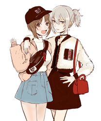  2girls alternate_hairstyle animal_print arm_around_neck banira_(oocooocooocoo) baseball_cap bear_print black_dress blue_eyes blue_skirt boko_(girls_und_panzer) brown_eyes brown_hair cardigan carrying casual commentary denim denim_skirt dress earrings fanny_pack fur_jacket girls_und_panzer grey_hair hair_up half-closed_eyes hand_on_own_hip hat heart heart_earrings highres itsumi_erika jacket jewelry long_sleeves looking_at_viewer miniskirt multiple_girls nishizumi_miho open_mouth pink_sweater print_headwear purple_eyes shirt short_dress short_hair short_ponytail side-by-side skirt smile standing sweater wavy_hair white_jacket white_shirt 