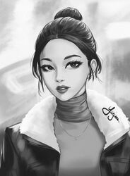  absurdres aespa artist_name eyelashes eyeliner eyeshadow female fur_trim greyscale hair_bun high_collar highres jacket jewelry k-pop karina_(aespa) looking_at_viewer makeup mascara monochrome necklace real_life signature single_hair_bun solo sweater turtleneck yajuu_(tristan_maska) 