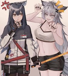  2girls :p absurdres anger_vein animal_ears arknights arm_up bad_id bad_pixiv_id bare_arms bare_shoulders beige_background belt black_capelet black_gloves black_hair black_legwear black_nails black_shorts breasts brown_eyes camisole capelet claw_pose cleavage commentary_request cowboy_shot fangs fangs_out fingerless_gloves food gloves grey_hair hair_between_eyes hair_ornament hairclip hand_up highres holding holding_food id_card jacket lappland_(arknights) long_hair long_sleeves looking_at_another material_growth medium_breasts meganeno_dokitsui midriff multiple_girls nail_polish navel oripathy_lesion_(arknights) pantyhose parted_lips pocky red_belt short_shorts shorts simple_background spaghetti_strap standing stomach texas_(arknights) tongue tongue_out very_long_hair white_jacket wolf_ears 