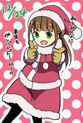  :d birthday black_pantyhose blush brown_gloves brown_hair commentary_request cowboy_shot dated dot_nose dress female fur-trimmed_dress fur-trimmed_headwear fur_trim gloves green_eyes happy hat highres hitoribocchi_no_marumaru_seikatsu honshou_aru katsuwo_(cr66g) long_hair long_sleeves looking_at_viewer open_mouth outline pantyhose pink_background pink_dress pink_hat pink_santa_costume pointing pointing_at_viewer polka_dot polka_dot_background pom_pom_(clothes) red_dress red_hat santa_costume santa_dress santa_hat smile solo split_mouth standing translation_request white_outline 