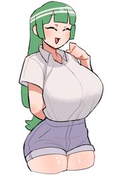  :d ^_^ arm_behind_back blunt_bangs breasts closed_eyes commentary_request cropped_legs drawlomong24 female green_hair highres korean_commentary large_breasts long_hair low-tied_long_hair open_mouth original shirt short_shorts short_sleeves shorts simple_background smile solo tented_shirt white_background white_shirt 