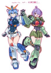  2girls blue_hair breasts brown_eyes covered_navel covered_nipples dated green_eyes gundam gundam_0080 gundam_alex hair_over_one_eye highres holding_hands leg_up leotard mecha_musume medium_breasts medium_hair michi_kuso multiple_girls one_eye_covered open_mouth purple_hair science_fiction short_hair skin_tight smile v-fin white_background zaku_ii_fz_kai 