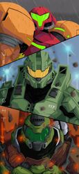  2boys armor assault_visor commentary crossover doom_(2016) doom_(series) doomguy english_commentary female green_visor halo_(series) helmet highres looking_at_viewer mark_of_the_doom_slayer master_chief metroid multiple_boys multiple_crossover power_armor praetor_suit rock samus_aran science_fiction spartan_(halo) split_screen trait_connection upper_body varia_suit werfmight yellow_visor 