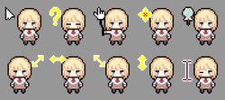  ? blonde_hair blue_eyes blush bob_cut chibi cursor cursor_(medium) female grey_background holding holding_stick hololive hololive_english magnifying_glass morinaga_kokoa multiple_views necktie pixel_art plaid plaid_skirt pointing pointing_up red_necktie shirt short_hair skirt stick virtual_youtuber watson_amelia watson_amelia_(1st_costume) white_shirt 