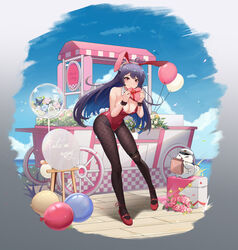  absurdres animal_ears balloon black_hair black_legwear blue_sky bow bowtie breasts cart cleavage cloud commentary creature day detached_collar female fishnet_pantyhose fishnets flower full_body highres horizon l.bou large_breasts leotard looking_at_viewer ocean official_art outdoors pantyhose playboy_bunny rabbit_ears rabbit_tail red_eyes red_footwear red_leotard riichi_city rose sky strapless strapless_leotard tail toho_nagi_(riichi_city) wrist_cuffs 