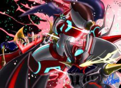  blue_eyes cape explosion getter_robo glowing glowing_eyes highres holding holding_sword holding_weapon looking_up mazinemperor_g mazinger_(series) mazinger_zero_(mecha) mecha no_humans robot science_fiction shin_getter-1 shin_getter_robo shin_mazinger_zero space super_robot super_robot_wars super_robot_wars_v sword weapon yellow_eyes yuuki_(gatama) 