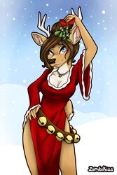  2:3 5_fingers anthro antlers bell blue_eyes breasts brown_hair christmas clothed clothing deer dress female fingers hair hi_res holidays holly_(zombikiss) horn jewelry looking_at_viewer mammal mistletoe necklace outside plant smile snow solo standing zombikiss 