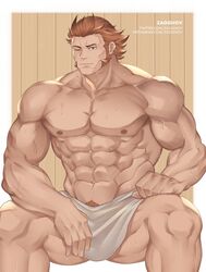  1boy abs absurdres bara bare_pectorals brown_hair deliford feet_out_of_frame granblue_fantasy highres large_pectorals long_sideburns looking_at_viewer male_focus male_pubic_hair mature_male muscular muscular_male naked_towel navel nipples one_eye_closed pectorals pubic_hair pubic_hair_peek sauna short_hair sideburns sitting smile solo spread_legs stomach sweat thick_thighs thighs towel zagghov 