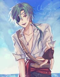  1boy 3di_project amel3di black_gloves dated earrings eyepatch feather_earrings feathers fingerless_gloves gloves green_hair hair_between_eyes highres jewelry jortun_leventor male_focus open_mouth red_eyes second-party_source shirt solo vietnamese_text virtual_youtuber white_shirt 