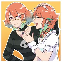  2girls black_nails braid closed_eyes commentary crmanzana earrings english_commentary eyewear_strap feather_earrings feathers glasses gradient_hair headpat highres hololive hololive_english jewelry mamatori mother_and_daughter multicolored_hair multiple_girls open_mouth orange_hair semi-rimless_eyewear shirt striped_clothes striped_shirt takanashi_kiara takanashi_kiara_(casual) twin_braids under-rim_eyewear virtual_youtuber 