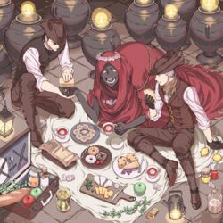  3boys apple arizuka_(catacombe) baguette basket black_gloves black_hair blanket bloodborne boots bread cheese cloak closed_eyes closed_mouth commentary_request cookie cup dark-skinned_male dark_skin doughnut fire flower food fork fruit gloves grapes hat head_wreath highres holding holding_cup holding_food holding_hands hunter_(bloodborne) jam jar knife lamp long_sleeves looking_at_another male_focus matchbox matches missing_tooth multiple_boys oedon_chapel_dweller open_mouth pants picnic pie pie_slice plate pot red_cloak sandwich saucer shirt short_hair sitting sleeves_rolled_up smile stone_floor strawberry suitcase tea teacup tile_floor tiles tricorne vest white_flower white_hair white_shirt yellow_eyes 