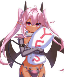  :o ahoge bat_wings black_horns black_tail black_wings chains commentary cowboy_shot cuffs dark-skinned_female dark_skin demon_girl demon_tail elbow_gloves female gloves hair_between_eyes heart highres holding holding_pillow horns junkpicture loincloth long_hair nyx_(sequel) open_mouth pillow pink_eyes pink_hair pointy_ears purple_gloves sequel_(series) sequel_blight shackles simple_background solo standing tail tail_raised twintails very_long_hair white_background wings yes yes-no_pillow 