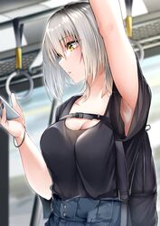  absurdres arm_up armpits backpack bag black_nails black_shirt bracelet breasts bus_interior cellphone cleavage female grey_hair hair_between_eyes highres holding holding_phone indoors jewelry large_breasts len_(hand_linke) looking_at_phone medium_hair nail_polish original phone shirt shirt_tucked_in smartphone solo window yellow_eyes 