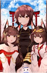  3girls :o absurdres animal_ears azur_lane bare_shoulders black_hair blue_sky blunt_bangs breasts cherry_blossoms cleavage cloud cloudy_sky collarbone commentary_request detached_sleeves dress feline fox_ears hair_between_eyes hair_ornament highres horns japanese_clothes jewelry long_hair long_sleeves looking_at_viewer meowfficer_(azur_lane) mikasa_(azur_lane) miko multiple_girls mutsu_(azur_lane) nagato_(azur_lane) necklace outdoors parted_lips red_dress ribbon-trimmed_sleeves ribbon_trim samip short_hair sidelocks sky small_breasts smile torii v_arms wide_sleeves yellow_eyes 