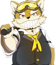  anthro canid canine canis clothing domestic_dog eyewear facial_hair fur goggles grin hi_res lifewonders live_a_hero male mammal moustache necktie ponzu_tas procy scar short_stack smile solo topwear vest yellow_body yellow_fur 