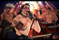  3boys abs arm_tattoo artist_name bara beard biceps black_hair bracelet collar darius_(league_of_legends) draven drum drumsticks facial_hair falloutbart glasses gloves guitar instrument jacket jewelry league_of_legends male_focus manly mature_male microphone multiple_boys muscular muscular_male music necklace nipples pectorals scar scar_on_face singing smile stage stage_lights stubble sweat sweatdrop sylas_(league_of_legends) tattoo thick_arms thick_eyebrows topless_male white_hair 