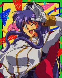  1990s_(style) ;d abstract_background bad_id bad_twitter_id blue_eyes blue_hair breasts cape capelet colorful female film_grain gloves hat highres kidou_senkan_nadesico long_hair medium_breasts military military_uniform misumaru_yurika one_eye_closed open_mouth potiri02 retro_artstyle smile solo uniform v white_gloves white_hat 