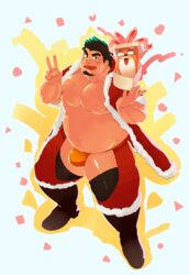  1boy abs artist_self-insert bara bare_pectorals belly bikini_briefs black_hair blush bulge christmas clothing_cutout crotchless crotchless_pants english_text facial_hair full_body fur-trimmed_jacket fur-trimmed_legwear fur_trim goatee gradient_hair green_hair hat higemorigen highres jacket large_pectorals looking_at_viewer male_focus male_underwear merry_christmas multicolored_hair muscular muscular_male navel nipples orange_male_underwear original pants pectorals plump santa_costume santa_hat short_hair solo textless_version thick_thighs thigh_cutout thighs underwear v 