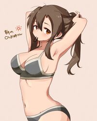  armpits arms_up blush bra breasts brown_hair commentary_request female from_side grey_bra grey_panties groin hair_between_eyes hair_tie_in_mouth highres long_hair looking_at_viewer medium_breasts mouth_hold navel nuruko_(nuru55555) orange_eyes original panties pink_background ponytail sidelocks simple_background solo standing stomach translation_request tying_hair underwear underwear_only 