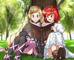  2girls :d absurdres betabetamaru blonde_hair book bow commentary_request dress elise_(fire_emblem) fire_emblem fire_emblem:_mystery_of_the_emblem fire_emblem:_shadow_dragon_and_the_blade_of_light fire_emblem_fates hairband hairbow highres holding holding_book maria_(fire_emblem) multiple_girls open_mouth outdoors partial_commentary reading red_hair sitting smile surprised tree twintails white_dress 