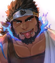  1boy bara beard black_hair blue_fire dark-skinned_male dark_skin facial_hair fire forehead_protector forked_eyebrows hadanugi_dousa highres hiraga0613 looking_at_viewer male_focus mature_male muscular muscular_male ninja pectoral_cleavage pectorals sandayu_(housamo) see-through short_hair solo tied_hair tokyo_afterschool_summoners tongue tongue_out tongue_tattoo upper_body 