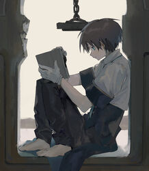  1boy absurdres aoaso barefoot black_legwear blue_eyes brown_hair cape commentary_request full_body gloves highres holding knees_up male_focus original pants safe_(container) shirt short_hair short_sleeves sitting solo white_gloves white_shirt 