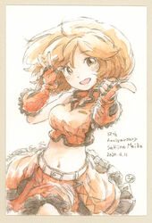  anniversary belt blush brown_eyes brown_hair character_name commentary cowboy_shot crop_top dated epoxy_putty female fingerless_gloves frilled_gloves frilled_skirt frills gloves hand_up meiko_(vocaloid) midriff navel painting_(medium) pointing pointing_at_viewer red_gloves red_shirt red_skirt sakine_meiko shirt signature skirt smile solo traditional_media vocaloid w watercolor_(medium) 