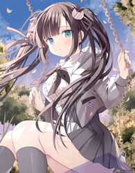  :o absurdres aqua_eyes black_hair blush bow bowtie breasts chains clothing_request female gesture_request grey_shirt grey_skirt grey_socks hair_ribbon highres holding holding_chain hoshino_koucha kneehighs large_breasts long_hair looking_at_viewer original outdoors panties ribbon shirt sitting skirt socks solo swing thighs tree twintails underwear 