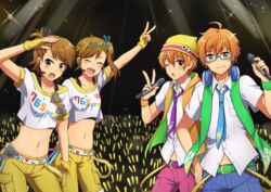  2boys 2girls ahoge aoi_kyosuke aoi_yusuke brothers brown_eyes brown_hair clothes_writing commentary_request eyewear_on_head fingerless_gloves futami_ami futami_mami glasses gloves glowstick green-framed_eyewear headphones headphones_around_neck headset idol idolmaster idolmaster_(classic) idolmaster_side-m microphone midriff multiple_boys multiple_girls navel orange_eyes orange_hair ponytail siblings sisters smile starting_brighty_(idolmaster) street_hopper_(idolmaster) sunglasses trait_connection twins uzuki_(sxk_uxk) w_(idolmaster) wristband 