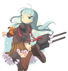  adjusting_clothes adjusting_shoe aqua_eyes aqua_hair back blush breasts brown_thighhighs cannon commentary_request female hair_ornament hairclip kantai_collection long_hair looking_back medium_breasts one_eye_closed ooide_chousuke photoshop_(medium) school_uniform skirt smile solo suzuya_(kancolle) thighhighs turret 