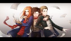  2boys amy_pond blonde_hair bow bowtie brown_eyes brown_hair closed_eyes commentary_request doctor_who eleventh_doctor_(doctor_who) female hug letterboxed multiple_boys nankhon orange_eyes orange_hair photoshop_(medium) rory_williams smile the_doctor 