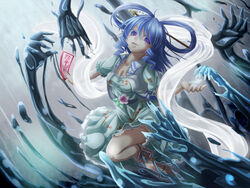  blue_eyes blue_hair breasts commentary_request dress evil_grin evil_smile female flower glowing glowing_eyes grin hair_ornament hair_rings hair_stick kaku_seiga medium_breasts miimu_(nelreg3) ofuda shawl smile touhou vest 