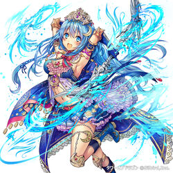  :d armband armpits arms_up belt blue_eyes blue_footwear blue_hair blue_skirt blush boots bow_(weapon) breasts cape cleavage commentary_request company_name copyright_name crescent crescent_hair_ornament dress elbow_gloves eyebrows female frilled_skirt frills gloves hair_between_eyes hair_ornament hair_ribbon holding holding_weapon jewelry knee_pads leg_up long_hair looking_at_viewer madogawa medium_breasts navel official_art open_mouth photoshop_(medium) ribbon simple_background skirt smile solo tiara tower_of_dragon wand water weapon white_background wings 