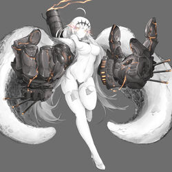  abyssal_ship ahoge boots capelet commentary_request dmt_(auburn) female glowing glowing_eyes grey_background high_heel_boots high_heels highres kantai_collection long_hair machinery northern_water_princess pale_skin red_eyes simple_background solo thigh_boots thighhighs turret very_long_hair white_footwear white_hair white_thighhighs 