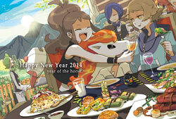  2014 4boys apron asparagus bacon bacon-wrapped_asparagus bad_id bad_pixiv_id baseball_cap blue_hair bow bowtie brown_eyes brown_hair cake chikafuji chili_(pokemon) chinese_zodiac cilan_(pokemon) closed_eyes commentary_request cress_(pokemon) cup drink drinking_glass eating female food fork fried_rice green_hair happy_new_year hat high_ponytail hilbert_(pokemon) hilda_(pokemon) holding holding_tray jacket long_hair mountain multiple_boys new_year open_mouth panpour pansage pansear photoshop_(medium) plate pokemon pokemon_(creature) pokemon_bw ponyta red_hair rice salad salmon serving_dome short_hair sleeveless spoon steak sun swiss_roll terrine_(food) traditional_bowtie tray unworn_hat unworn_headwear vest waiter wine_glass wristband year_of_the_horse 