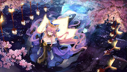  animal_ears bell bow breasts bzerox cherry_blossoms cleavage commentary_request fate/extra fate/grand_order fate_(series) female from_above hair_between_eyes hair_ornament hair_spread_out hairbow highres lantern large_breasts long_hair looking_at_viewer looking_up moon official_alternate_costume pink_hair reflection solo tamamo_(fate) tamamo_no_mae_(fate/extra) tamamo_no_mae_(third_ascension)_(fate) very_long_hair wading walking water yellow_eyes 