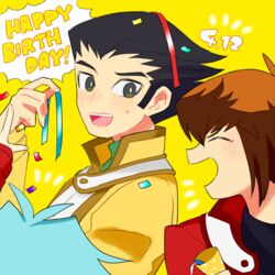  3boys black_hair black_shirt blue_hair brown_hair closed_eyes commentary_request dated duel_academy_uniform_(yu-gi-oh!_gx) english_text from_behind green_eyes happy_birthday jacket marufuji_sho misawa_daichi mommorua multiple_boys open_mouth profile red_jacket ribbon school_uniform shirt short_hair smile upper_body yellow_background yellow_jacket yu-gi-oh! yu-gi-oh!_gx yuki_judai 