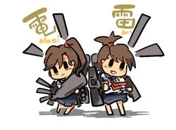  :3 bad_id bad_pixiv_id blush brown_eyes brown_hair chibi cosplay female folded_ponytail futami_ami futami_mami grin idolmaster idolmaster_(classic) ikazuchi_(kancolle) ikazuchi_(kancolle)_(cosplay) inazuma_(kancolle) inazuma_(kancolle)_(cosplay) kantai_collection pleated_skirt ponytail saku_(osake_love) school_uniform serafuku short_hair siblings side_ponytail sisters skirt smile translated twins 