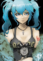  ac/dc angus_young aqua_eyes aqua_hair band_shirt breasts closed_mouth clothes_writing commentary_request expressionless eyeliner eyeshadow female fur_trim hatsune_miku jewelry jinbei long_hair makeup merchandise necklace pendant shirt signature small_breasts solo tank_top tattoo torn_clothes torn_shirt twintails vocaloid 