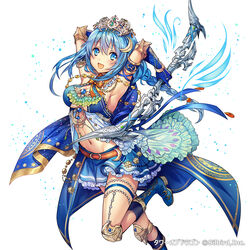  :d armband armpits arms_up belt blue_eyes blue_footwear blue_hair blue_skirt boots bow_(weapon) braid breasts cape cleavage commentary_request company_name copyright_name crescent crescent_hair_ornament dress elbow_gloves eyebrows female frilled_skirt frills gloves hair_between_eyes hair_ornament holding holding_weapon jewelry knee_pads leg_up long_hair looking_at_viewer madogawa medium_breasts navel official_art open_mouth photoshop_(medium) ribbon simple_background single_braid skirt smile solo tiara tower_of_dragon wand weapon white_background wings 