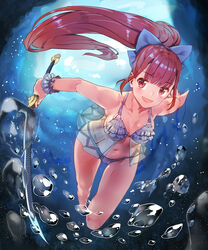  :d air_bubble bad_id bad_pixiv_id barefoot bikini blunt_bangs bubble female freediving long_hair open_mouth original ponytail red_eyes red_hair see-through shovelwell smile solo swimming swimsuit sword underwater weapon 