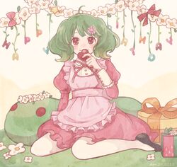  ahoge alternate_costume apron commentary_request dated dress female flower gift gradient_hair hair_flower hair_ornament happy_birthday head_wreath heart lolita_fashion looking_at_viewer macross macross_frontier mikuni_(open-ranka) multicolored_hair oosanshouuo-san pink_dress puffy_sleeves ranka_lee red_eyes short_hair sitting smile solo wariza wavy_hair 