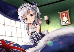  aged_down aono_meri azur_lane bad_id bad_pixiv_id bed blue_dress braid commentary_request drawing_(object) dress elbow_gloves female gloves grey_hair highres little_bel_(azur_lane) long_hair maid_headdress open_mouth picture_frame pillow ribbon side_ponytail sitting solo v_arms window 