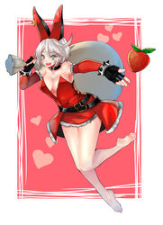  ahoge animal_ears aqua_eyes arc_system_works bag bare_shoulders barefoot blush breasts bunny_ears christmas cleavage dress eiji elbow_gloves elphelt_valentine explosive feet female fingerless_gloves food fruit gloves grenade guilty_gear guilty_gear_xrd guilty_gear_xrd:_revelator looking_at_viewer open_mouth santa_costume shiny shiny_hair shiny_skin short_dress short_hair silver_hair smile solo star 