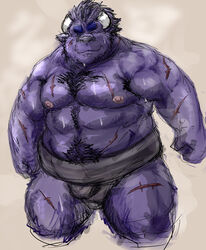  2013 anthro arms_clenched asian_clothing barazoku bodily_fluids bovid bovine bulge cattle closed_eyes clothed clothing east_asian_clothing front_view hi_res horn japanese_clothing kemono kneeling kotobuki male mammal mawashi muscular muscular_anthro muscular_male nipples obese obese_anthro obese_male overweight overweight_anthro overweight_male partially_clothed scar simple_background solo sumo sweat white_background 