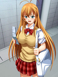  antenna_hair bag blonde_hair blush bow bowtie breasts cellphone female green_eyes happy highres ikkitousen large_breasts legs long_hair nightmare_express open_mouth phone road school_bag school_uniform skirt smile solo sonsaku_hakufu standing street thighs 