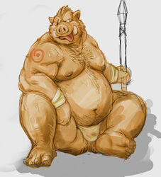  2013 anthro asian_clothing barazoku bulge clothed clothing east_asian_clothing front_view fundoshi japanese_clothing kemono kotobuki male mammal melee_weapon muscular muscular_anthro muscular_male obese obese_anthro obese_male one_eye_closed overweight overweight_anthro overweight_male partially_clothed polearm scar simple_background sitting solo spear suid suina sus_(pig) tattoo tongue tongue_out underwear weapon white_background white_clothing white_underwear wild_boar 