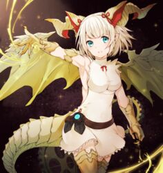  armpits belt blonde_hair claws commentary_request dragon_girl dragon_horns dragon_tail dragon_wings dress female gears green_eyes hair_ribbon horns kurage_(11649021) magic monster_girl myr_(p&amp;d) pointy_ears puzzle_&amp;_dragons reaching reaching_towards_viewer ribbon short_hair sideless_outfit solo tail wings 